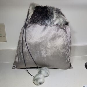 Luxury Gift Bag Elegant Gray Fur-Trimmed With Drawstring Pom Poms